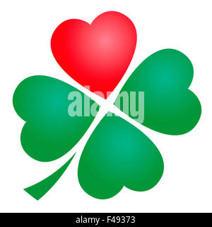 4 leaved Clover mit einem roten Herzen. Abbildung auf weißem Hintergrund. Stockfoto