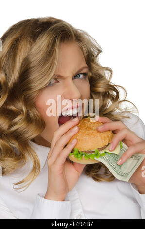 Hungrige junge Frau mit Burger von Dollar Stockfoto