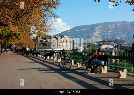 Weltweit längste Bank (126m), Promenade De La Treille, Genf, Schweiz Stockfoto