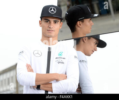 Stuttgart, Deutschland. 13. Oktober 2015. Deutsch Deutsche Tourenwagen Masters (DTM) Rennfahrer Pascal Wehrlein Mercedes posiert in Stuttgart, Deutschland, 13. Oktober 2015. Foto: Dpa/Bernd Weissbrod/Alamy Live News Stockfoto