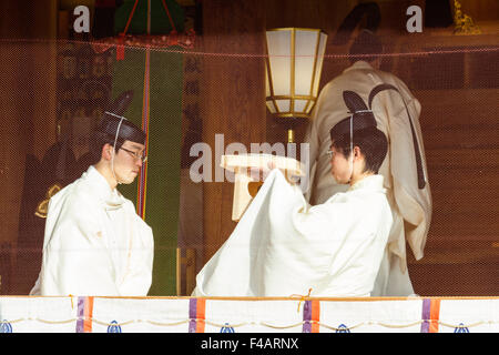 Nishinomiya Schrein, Japan, Priester Zeremonie in Honden, ein Priester, kannushi, vorbei an Heiligen, zum Anderen. Beide tragen Kammuri. Durch Bildschirm gesehen. Stockfoto