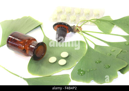 Ginkgo-Blätter mit Tabletten Stockfoto