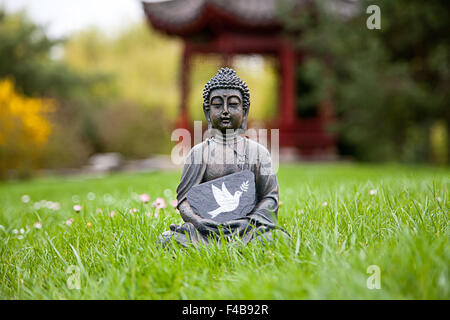 Friedenstaube mit Buddha-Statue Stockfoto