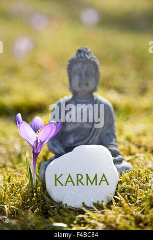 Das Wort "Karma mit Buddha-Statue Stockfoto