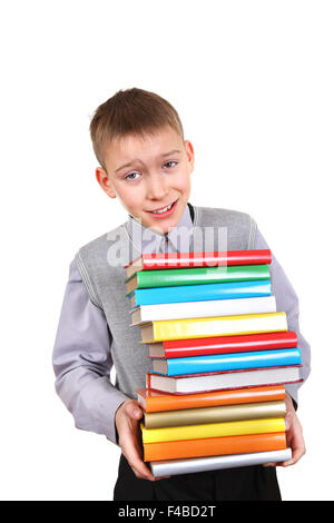 Junge hält die Bücherstapel Stockfoto