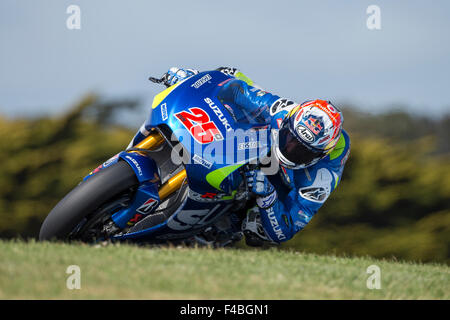 Phillip Island, Australien, 16. Oktober 2015. Phillip Island Grand Prix Circuit, Australien. Freies Training Nummer 2. Maverick Viñales, Team Suzuki ECSTAR MotoGP. Dritten Platz in der Gesamtwertung. Bildnachweis: Russell Hunter/Alamy Live-Nachrichten Stockfoto