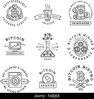 Bitcoin-Logo-Vorlagen eingestellt. Kryptowährung Abzeichen Sammlung. Digitales Geld Symbole. Umriss-Münze-Vektor-Design. Stock Vektor