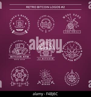 Bitcoin-Logo-Vorlagen eingestellt. Kryptowährung Abzeichen Sammlung. Digitales Geld Symbole. Umriss-Münze-Vektor-Design auf lila Hintergrund. Stock Vektor