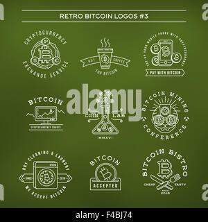 Bitcoin-Logo-Vorlagen eingestellt. Kryptowährung Abzeichen Sammlung. Digitales Geld Symbole. Umriss-Münze-Vektor-Design auf grünem Hintergrund. Stock Vektor