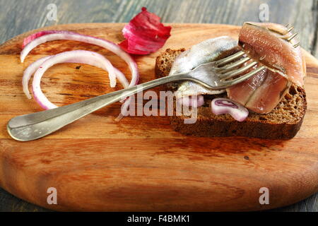 Gabel mit Sardellen Closeup. Stockfoto