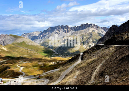 Pass Galibier, Bahnhof von Radfahrern und Tour de France, Panoramablick, Französische Alpen, Frankreich Stockfoto