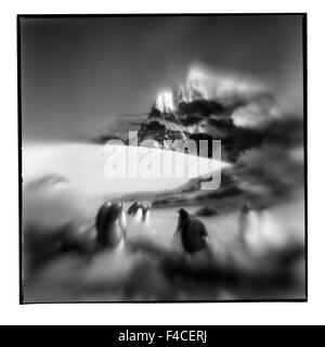 Antarktis, Petermann Island, verschwommene schwarz-weiß Bild von Gentoo Penguins Rookery und Mountain peaks auf sonnigen Sommerabend (großformatige Größen erhältlich). Stockfoto