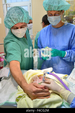 Jena, Deutschland. 16. Oktober 2015. Eine Krankenschwester kümmert sich um eines der vier Neugeborene neben Vater Vebi Keta (l) am Klinikum Universitaetsklinikum in Jena, Deutschland, 16. Oktober 2015. Eine Flüchtling Frau aus Albanien hat Vierlinge zur Welt gebracht. In der 32. Woche der Schwangerschaft wurden die drei Mädchen und ein Junge per Kaiserschnitt morgens geliefert. Mutter, Vater und Kinder sind wohlauf. Foto: MARTIN SCHUTT/DPA/Alamy Live-Nachrichten Stockfoto