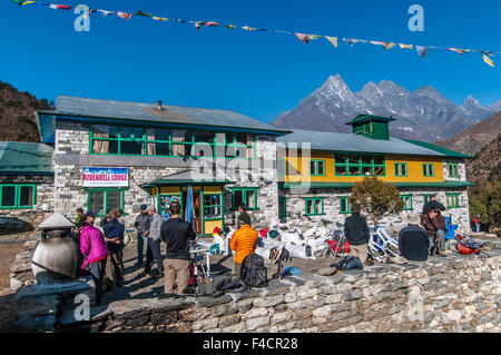 Wanderer im Teehaus, Debuche, Nepal. Stockfoto