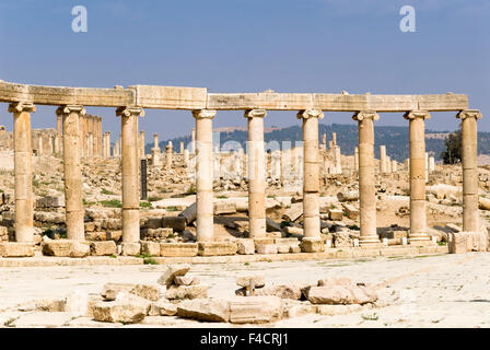 Oval-Plaza mit Kolonnade und ionischen Säulen, Jerash, Jordanien. Einmal den Roman Decapolis Stadt von Gerasa. Stockfoto