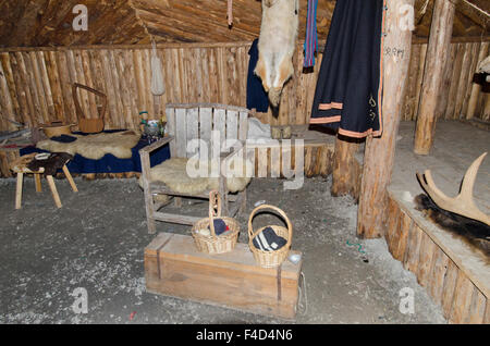 Kanada, Neufundland, l ' Anse Aux Meadows. Norstead Wikingerdorf, Nachbildung des Häuptlings Hall, Interieur. Stockfoto