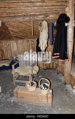 Kanada, Neufundland, l ' Anse Aux Meadows. Norstead Wikingerdorf, Nachbildung des Häuptlings Hall, Interieur. Stockfoto