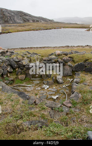 Kanada, Nunavut, Cape Dorset. Mallikjuag Territorial Park, Ruinen archäologische Stätte der Thule Thule (fabrikgefertigte, Dorset-Kultur) Wohnung. Stockfoto