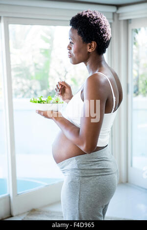 Porträt von lächelnden schwangere Frau mit Salat Stockfoto