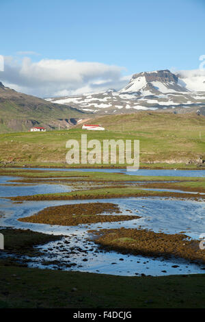 Bergbauernhof in der Nähe von Mavahlid, Snaefellsnes Halbinsel, Vesturland, Island. Stockfoto