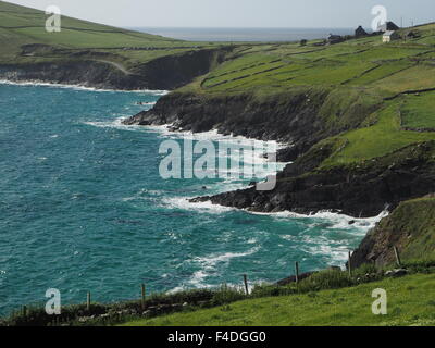 Sonnendurchflutete Wellen gegen Felsbuchten Slea Head auf der Halbinsel Dingle Irland mit Stein eingemauert, Felder und weißen Bauernhaus Stockfoto