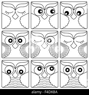 Satz von neun süße Eule Gesichter in quadratischen Formen und isoliert auf einem weißen Hintergrund, Cartoon Vektor schwarze Konturen als Symbole Stock Vektor