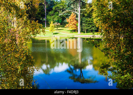 Herbstliche Aussicht auf den See auf dem Bowood Anwesen in Wiltshire. Stockfoto