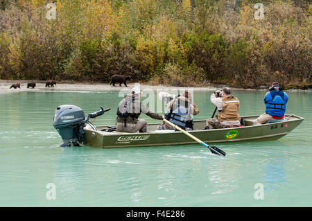 Ein Boot voller Fotografen Fotografieren ein Grizzlybär-Sau und Jungtiere am Mondsichelsee im Lake Clark National Park, Alaska, USA Stockfoto