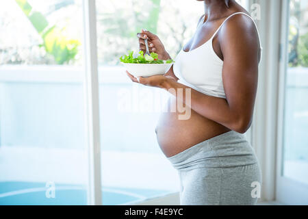 Porträt von lächelnden schwangere Frau mit Salat Stockfoto