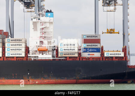 Container werden von einem Schiff im Hafen von Tilbury an der Themse in Essex, England Tilbury Docks ausgeladen. Stockfoto