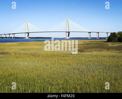 16. Oktober 2015 - Charleston/Mount angenehm, Südcarolina, überspannt US - The Arthur Ravenel Jr. Bridge den Cooper River Verbindung von Mount Pleasant und Charleston in South Carolina. Die Ravenel Bridge, als Teil der US 17, ist 8 Bahnen breit und offen für Autos und Fahrräder. Entworfen von dem Ingenieurbüro umfasst Parsons Brinckerhoff 1546 Füssen seine Hauptspannweite clearing etwa 186 Füße aus dem Wasser unten mit einer Gesamthöhe von 575 Füße an den Türmen. Die Brücke hat 17 Monate, zu einem Preis von 6 Millionen Dollar zu bauen. ---Die Ravenel Bridge gesehen über ein Polster von Sweet Grass bei Patriot P Stockfoto