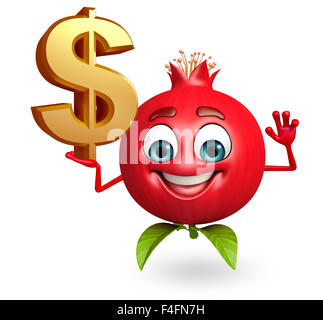 3D gerenderte Darstellung der Granatapfel-Cartoon-Figur mit Dollarzeichen Stockfoto