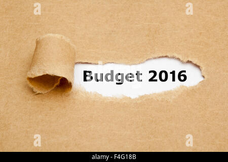 Der Text Haushalt 2016 erscheint hinter zerrissenes braunen Papier. Stockfoto