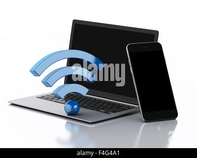 3D Renderer Bild. Notebook und Smartphone. WiFi-Netzwerk-Konzept. Isolierten weißen Hintergrund. Stockfoto