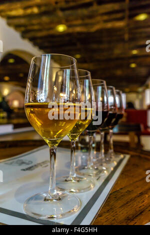 Verkostung Anzeige von fünf Gläser Portwein. Oktober 2015. Porto, Portugal. Stockfoto