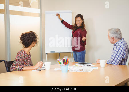 Geschäftsfrau diskutieren über Bord in treffen Stockfoto