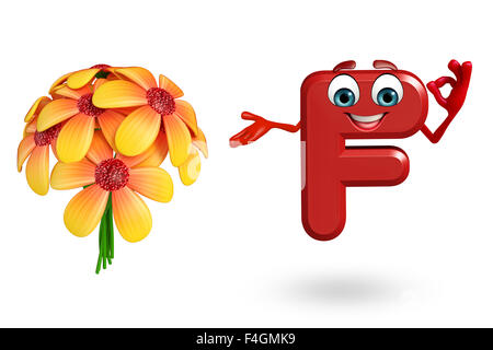 3D gerenderte Darstellung des Alphabets F-Cartoon-Figur mit Blumen Stockfoto