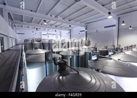 Edelstahlbehälter für Gärung Wein in Fabrik Stockfoto