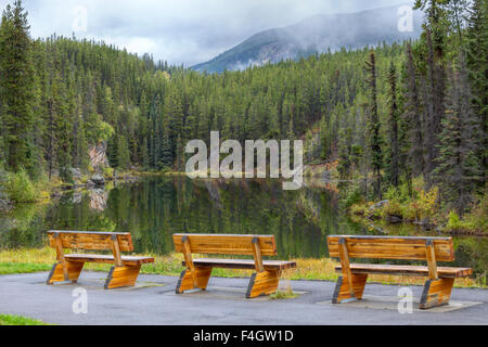 Holzbänke im Portal Lake, Mount Robson Provincial Park, Rocky Mountains, British Columbia, Kanada. Stockfoto