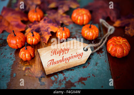 Happy Thanksgiving auf hölzerne Schild mit Kürbisse und Blätter Stockfoto