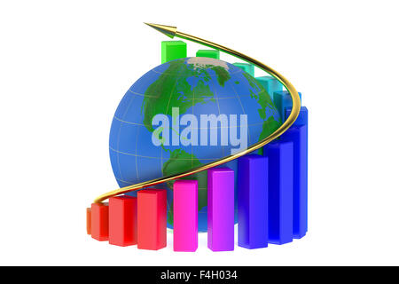 Wachstum Diagramm mit Globus isoliert auf weißem Hintergrund Stockfoto