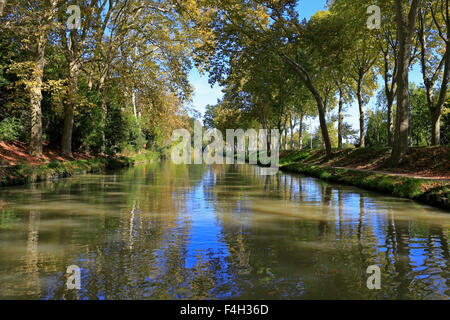 Canal du Midi, Carcassonne, Aude, Languedoc Roussillon, Frankreich. Stockfoto