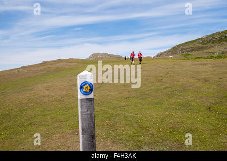 Wales Küstenpfad und Wanderweg mit Wanderer zu Fuß am südwestlichen Zipfel der Halbinsel Lleyn unterzeichnen / Pen Llyn, Gwynedd, Wales, UK Stockfoto