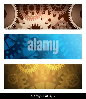 Reihe von Bannern oder Header mit Zahnrädern. Bunte Illustration. Stock Vektor