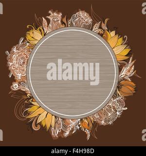Kreative floral-Karte mit Lily und Pfingstrose Blumen und Holz Kreis in braun und orange Farben Stock Vektor