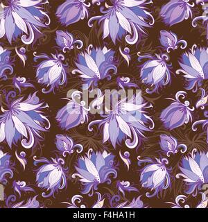 Nahtlose Textur mit Skizze stilisiert lila Lotusblumen auf braunem Hintergrund Stock Vektor