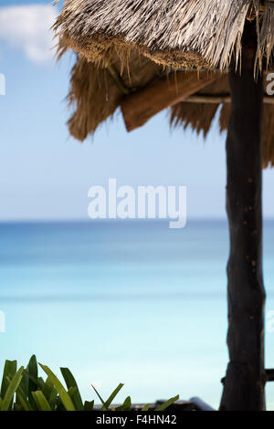 Karibische Blatt Palm Grasdach mit blauem Himmelshintergrund Stockfoto