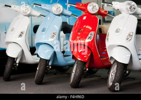 Vier verschiedene farbige Vespa Roller im Showroom, neu, makellos sauber, makellos, Kühlen, eleganten, stilvollen italienischen Mopeds und kultigen Beförderungsmittel Stockfoto