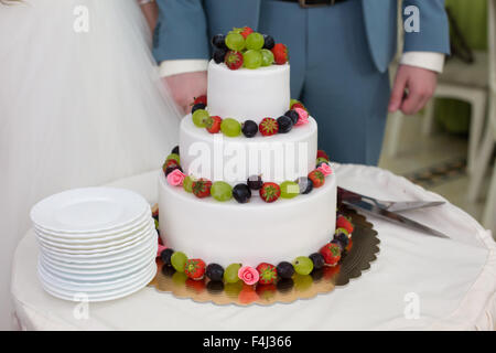 Das Paar schneiden die Hochzeitstorte Stockfoto