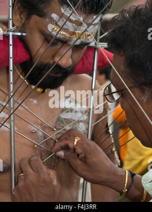 Anhänger mit Körper durchbohrt mit Spießen, Hindu tamilischen Thaipusam Festival feierte in Little India, Singapur, Südostasien Stockfoto